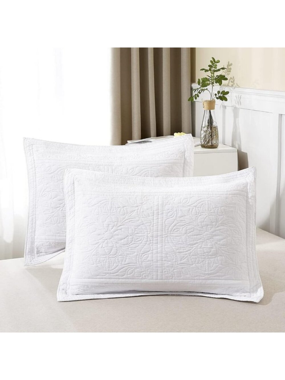 Floral Printed 100% Cotton Quilted Pillow Shams, King Size Set of 2, White